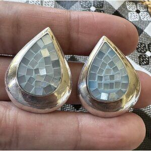 VTG Earrings 1 1/8" Southwestern Mother Of Pearl Mosaic 925 Sterling Silver 9.8g